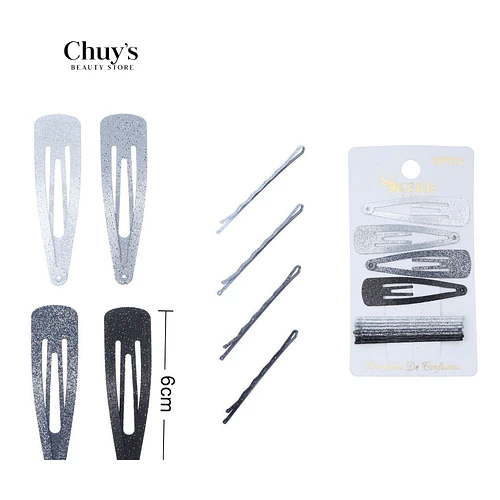 Pinches con purpurina gris 12pcs 6cm - Chuys Beautys | Chuy's Beautys
