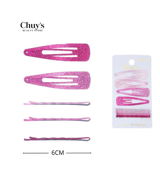 Pinches con purpurina rosa 12pcs 6cm