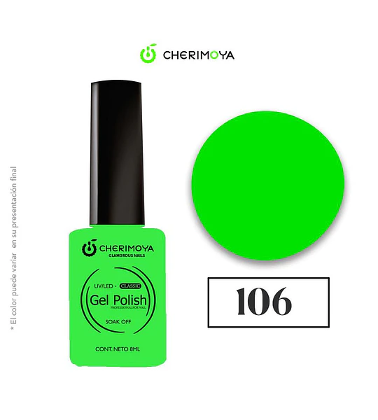 Esmalte Gel Polish UV/LED Clásico Soak Off 106 Verde Neón Cherimoya 8ml