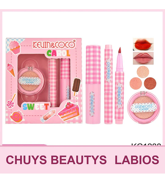 Set de Maquillaje Carol Sweet de 3pcs (sombra de ojos+labial+delineador de labios)