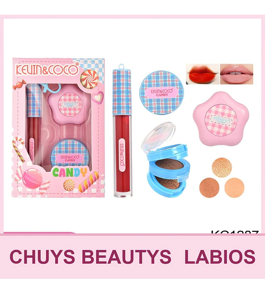 Set de Maquillaje Candy de 3pcs (labial+sombra de ojos+lipgloss)
