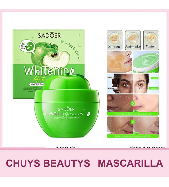 Mascarilla hidratante nocturna blanqueadora antiarrugas SADOER con aroma a manzana 120g