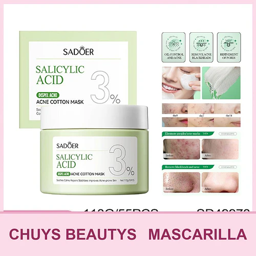 Mascarilla facial en almohadillas con ácido salicílico para el tratamiento del acné de SADOER 100g (55 almohadillas) - Chuys Beautys | Chuy's Beautys