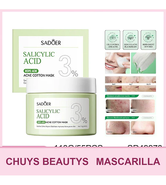 Mascarilla facial en almohadillas con ácido salicílico para el tratamiento del acné de SADOER 100g (55 almohadillas)
