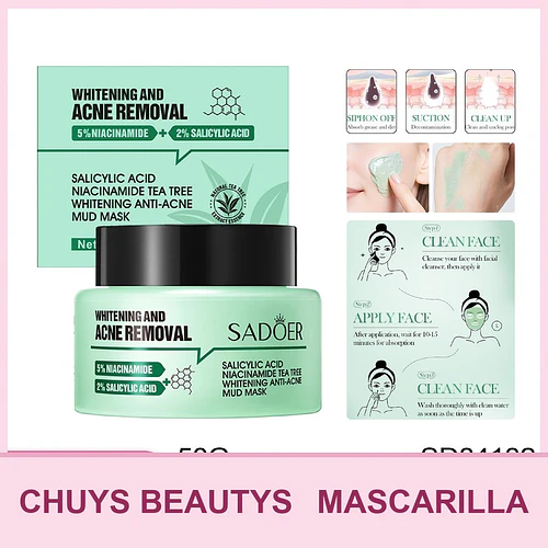 Mascarilla de barro blanqueadora para el tratamiento del acné con ácido salicílico, niacinamida y árbol de té de SADOER 50g - Chuys Beautys | Chuy's Beautys