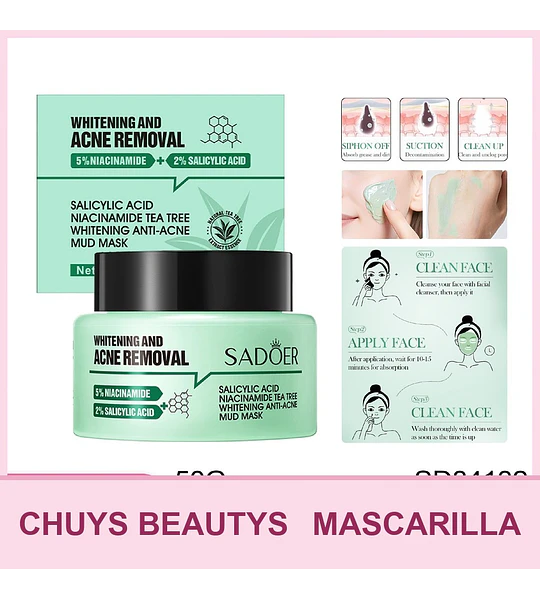 Mascarilla de barro blanqueadora para el tratamiento del acné con ácido salicílico, niacinamida y árbol de té de SADOER 50g