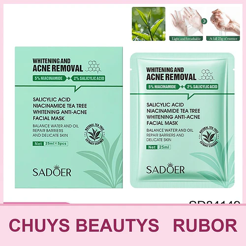 Mascarilla iluminadora y antiacné SADOER con ácido salicílico, niacinamida y árbol de té 25ml x5 unidades - Chuys Beautys | Chuy's Beautys