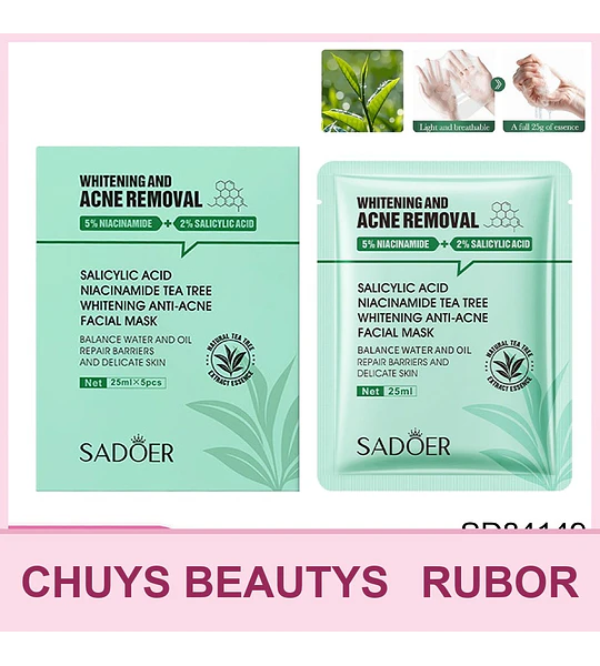 Mascarilla iluminadora y antiacné SADOER con ácido salicílico, niacinamida y árbol de té 25ml x5 unidades