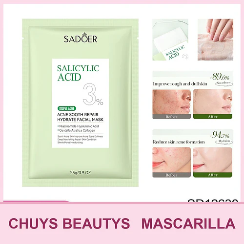 Mascarilla de tratamiento antiacné con ácido salicílico SADOER, calmante, reparadora e hidratante 25mg - Chuys Beautys | Chuy's Beautys