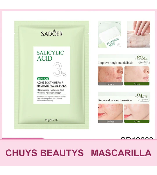 Mascarilla de tratamiento antiacné con ácido salicílico SADOER, calmante, reparadora e hidratante 25mg