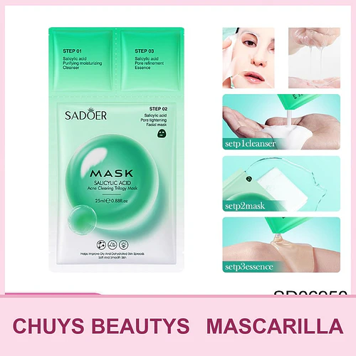 Mascarilla de 3 pasos para el tratamiento del acné con ácido salicílico de SADOER 25g - Chuys Beautys | Chuy's Beautys