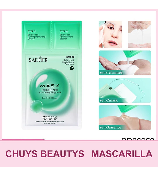 Mascarilla de 3 pasos para el tratamiento del acné con ácido salicílico de SADOER 25g