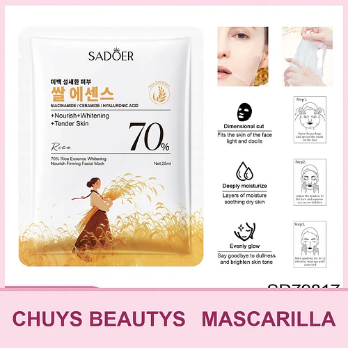 Mascarilla blanqueadora, nutritiva y reafirmante con extracto de arroz al 70% de SADOER 25mg - Chuys Beautys | Chuy's Beautys