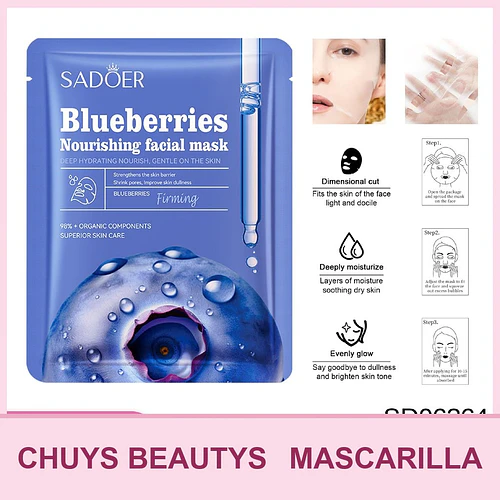Mascarilla reafirmante y nutritiva de arándanos SADOER 25mg - Chuys Beautys | Chuy's Beautys
