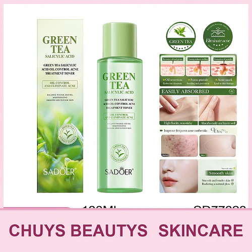 Tónico SADOER de té verde con ácido salicílico para el control de la grasa y el tratamiento del acné 130ml - Chuys Beautys | Chuy's Beautys