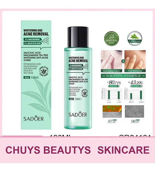 Tonico blanqueador para el acné con ácido salicílico, niacinamida y té de Árbol SADOER 100ml