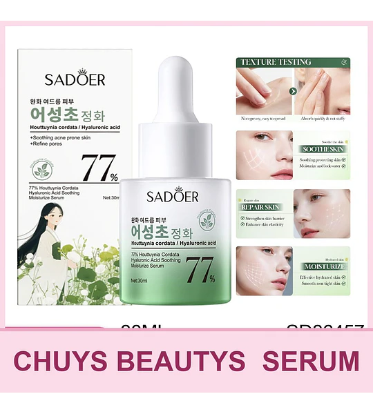 SADOER 77 % Houttuynia Cordata Ácido Hialurónico Esencia Calmante e Hidratante 30ml