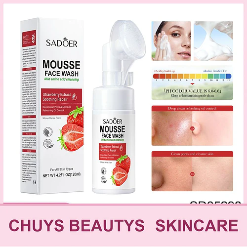 Mousse limpiador de aminoácidos de fresa SADOER 120ml - Chuys Beautys | Chuy's Beautys