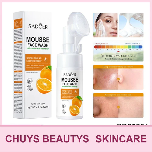 Mousse limpiador de vitamina C y aminoácidos con sabor a naranja de SADOER 120ml - Chuys Beautys | Chuy's Beautys