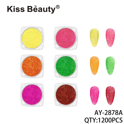 Polvo de purpurina vibrante para uñas Kiss Bèauty, set de 6 colores brillantes - Chuys Beautys | Chuy's Beautys
