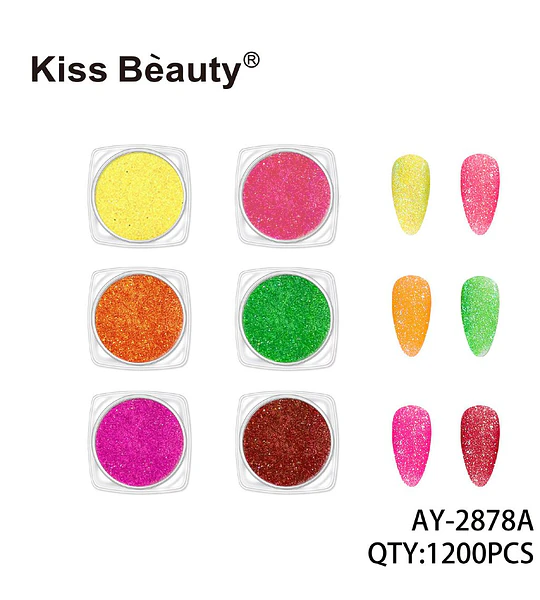 Polvo de purpurina vibrante para uñas Kiss Bèauty, set de 6 colores brillantes