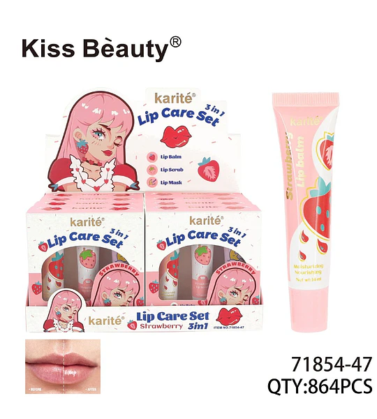 Set de Cuidado Labial 3 en 1 Fresa Karité Kiss Beauty