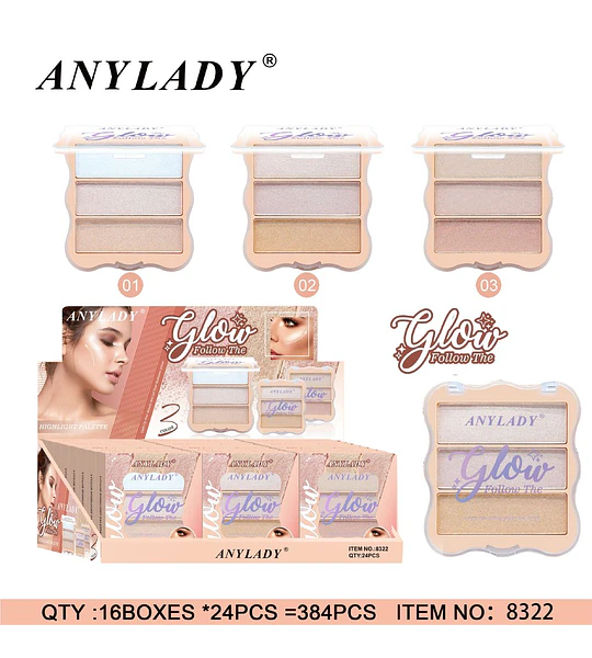 Paleta de Iluminadores 3 Tonos Efecto Glow ANYLADY Glow Follow The