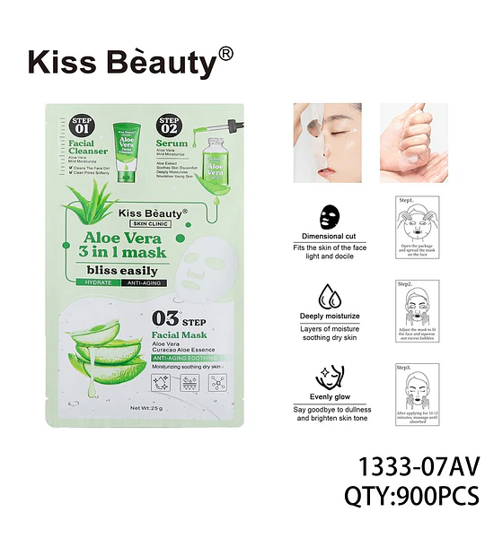 Mascarilla Facial 3 en 1 Aloe Vera Hidratante y Anti-edad Kiss Beauty