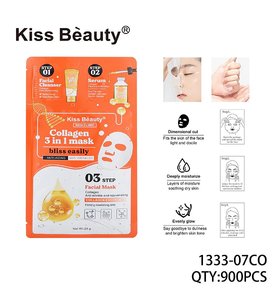 Mascarilla Facial 3 en 1 de Colágeno Kiss Beauty con Limpiador y Sérum