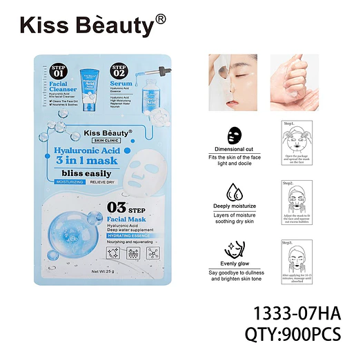 Mascarilla facial 3 en 1 de Ácido Hialurónico Kiss Beauty para hidratación profunda - Chuys Beautys | Chuy's Beautys