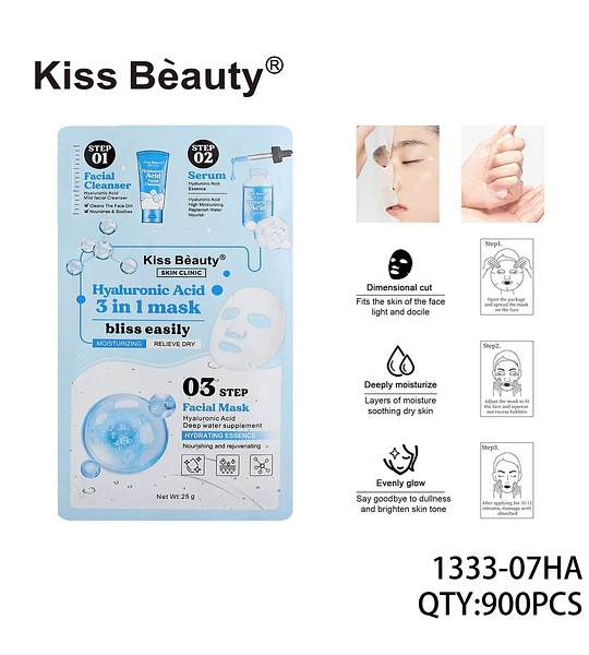 Mascarilla facial 3 en 1 de Ácido Hialurónico Kiss Beauty para hidratación profunda