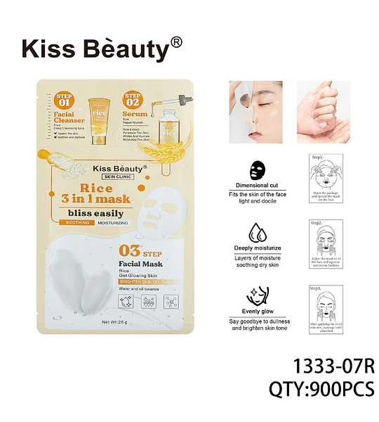 Mascarilla Facial 3 en 1 de Arroz Kiss Beauty con Limpiador y Sérum
