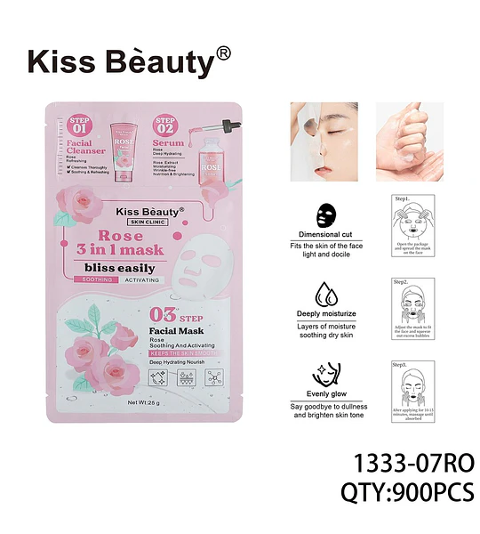 Mascarilla Facial 3 en 1 con Rosa Kiss Beauty para Hidratación y Calma