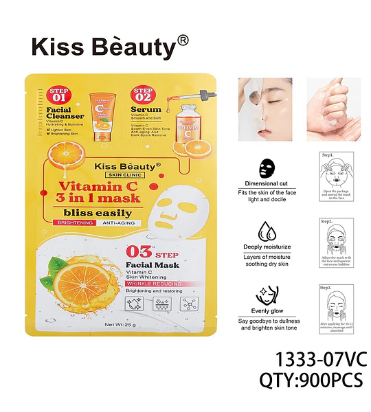 Mascarilla Facial 3 en 1 Kiss Bèauty con Vitamina C Iluminadora y Antiedad