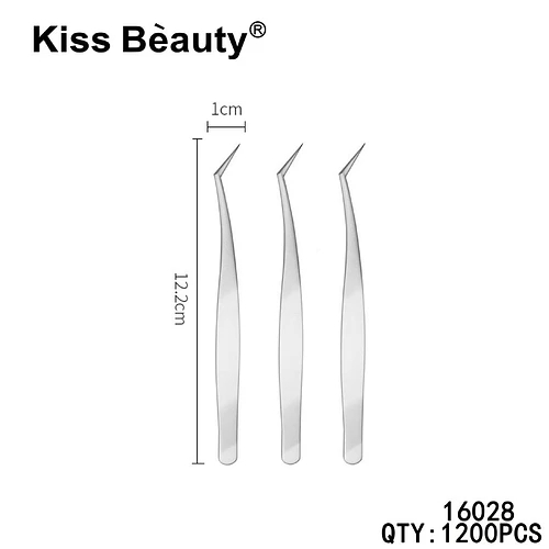 Pinzas de precisión para pestañas Kiss Bèauty, punta curva de acero inoxidable 12.2cm - Chuys Beautys | Chuy's Beautys