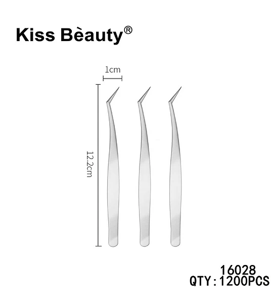 Pinzas de precisión para pestañas Kiss Bèauty, punta curva de acero inoxidable 12.2cm
