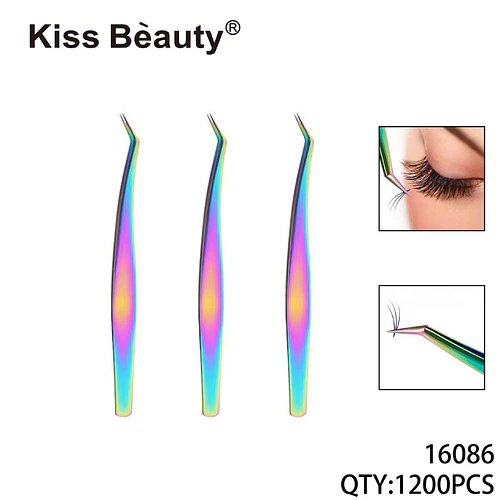 Pinzas profesionales iridiscentes para extensiones de pestañas Kiss Bèauty - Chuys Beautys | Chuy's Beautys