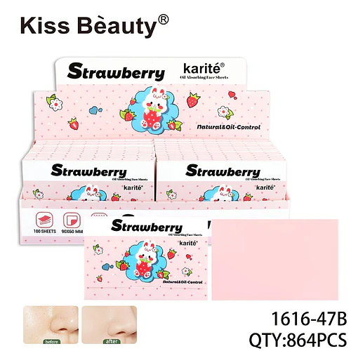 Papel Matificante Facial Kiss Beauty Karité Control de Grasa Fresa 100 Hojas - Chuys Beautys | Chuy's Beautys