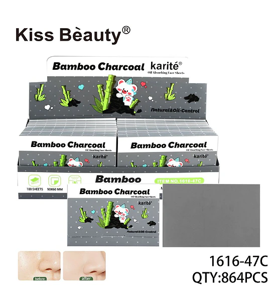 Toallitas absorbentes de grasa facial Kiss Beauty con carbón de bambú y karité