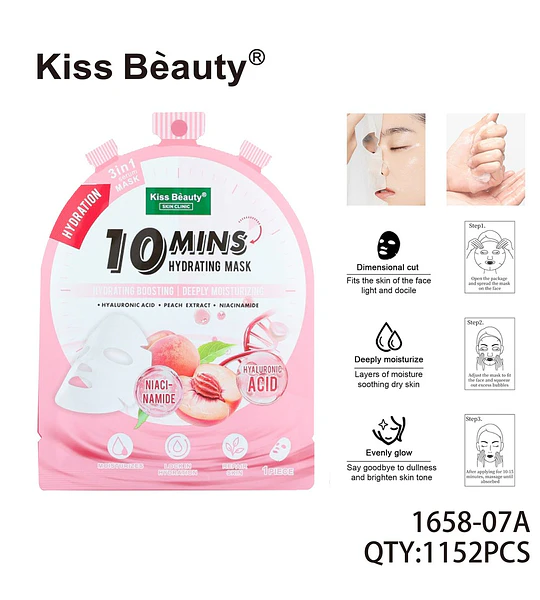 Mascarilla Facial Hidratante 10 Mins con Ácido Hialurónico y Durazno Kiss Beauty