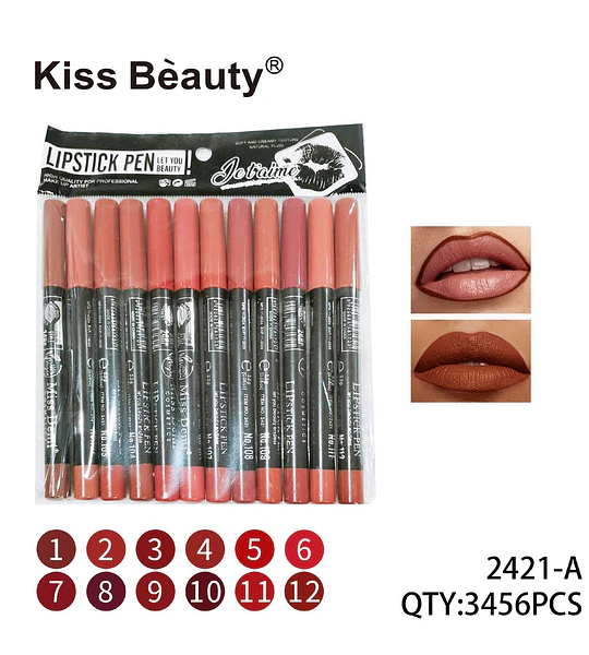 Delineador de Labios Lápiz Mate Kiss Beauty Set 12 Tonos