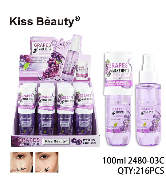 Spray Fijador de Maquillaje Kiss Beauty con Extracto de Uva Antioxidante