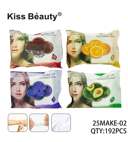 Toallitas desmaquillantes Kiss Beauty con extractos naturales, 25 unidades