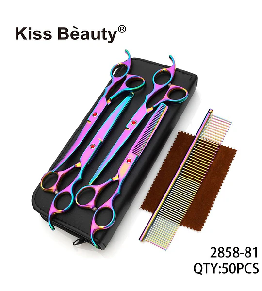 Set profesional de tijeras y peine iridiscente Kiss Bèauty para corte de cabello
