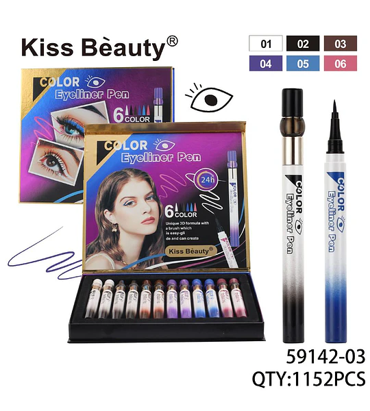 Set de Delineadores Líquidos de Ojos 6 Colores Larga Duración Kiss Beauty