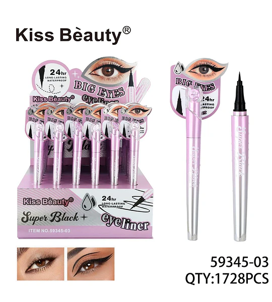 Eyeliner líquido Kiss Beauty Super Black 24h a prueba de agua efecto ojos grandes