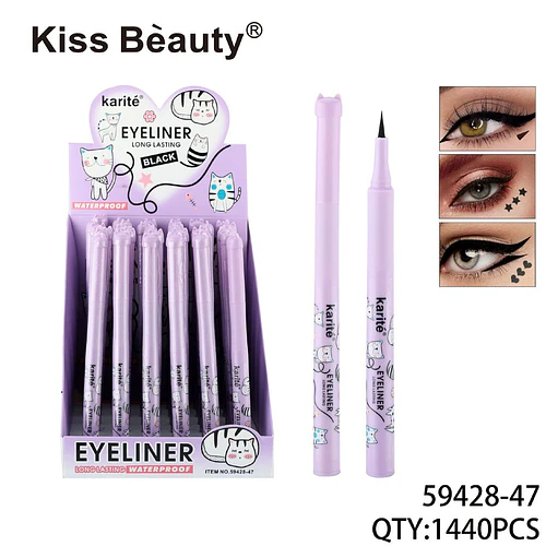 Delineador líquido negro Kiss Beauty Karité de larga duración y resistente al agua con diseño de gato - Chuys Beautys | Chuy's Beautys