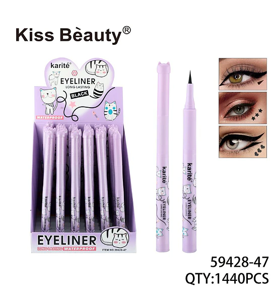 Delineador líquido negro Kiss Beauty Karité de larga duración y resistente al agua con diseño de gato