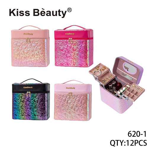 Estuche Organizador de Maquillaje y Joyas Kiss Bèauty con Diseño de Corazones - Chuys Beautys | Chuy's Beautys