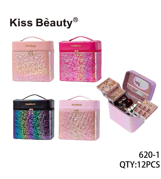 Estuche Organizador de Maquillaje y Joyas Kiss Bèauty con Diseño de Corazones